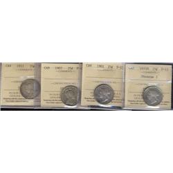 Lot of 4 ICCS graded Twenty-five cents;1872H Obv.2, 1901, 1907, 1911.  All F15