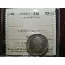 1874H  25¢  ICCS MS62.  Light attractive toning over good underlying lustre.