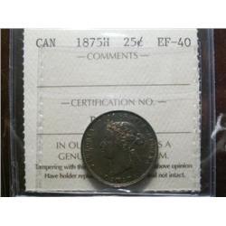 1875H 25¢ ICCS EF40PQ+.  Nice clean key date example, with nice lustre. Lightly toned.  Undergraded!