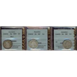 Lot of 3 Twenty-five cents, all CCCS graded, includes 1880H Wide 0, 1887 and 1889.  All in G6 condit