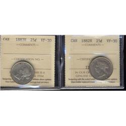 Lot of 2 ICCS graded Twenty-five cents;1882H, 1883H.  Both VF30