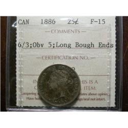 1886 "6 over 3"  obverse 5 Long bough  25¢  ICCS F15. Popular variety!