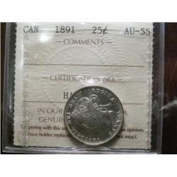 1891  25¢  ICCS AU55. Brilliant with lots of luster.  Mirror-like finish.