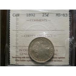 1892 25¢ ICCS MS63.   Another fully lustrous Victorian example in High grade.
