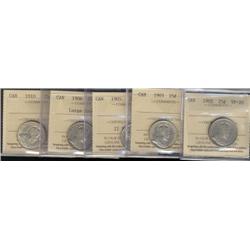 Lot of 5 ICCS graded Twenty-five cents;1902, 1903, 1905, 1906 LC, 1910.  All VF20.