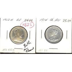 Lot of 2 Twenty-five Cents; 1902H, 1914. Both AU50 cleaned.
