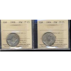 Lot of 2 ICCS graded Twenty-five cents;1904, 1908.  Both F15