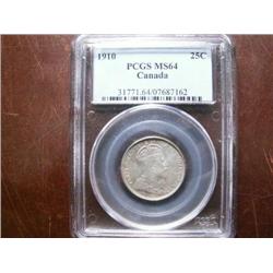 1910 25¢  PCGS MS64.  Nice goldent toning over full satiny white lustre.  Fully struck!