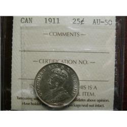 1911 25¢ ICCS AU50, brilliant and lustrous.