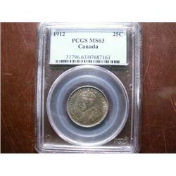 1912 25¢ PCGS MS63.  Attractive gold, blue and russet tones over full underlying lustre.