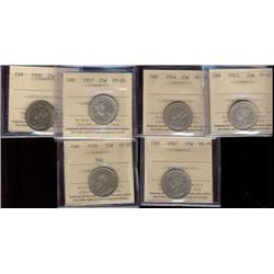 Lot of 6 ICCS graded Twenty-five cents;1912, 1914, 1917, 1920, 1927, 1936 Dot.  All VF20.