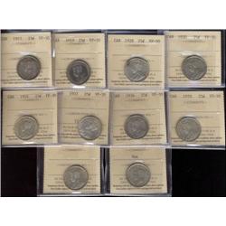 Lot of 10 ICCS graded Twenty-five cents;1913, 1919, 1928, 1930, 1931, 1933, 1934, 1935, 1936, 1947 D