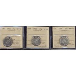 Lot of 3 ICCS graded Twenty-five cents;1916, 1918, 1929.  All EF40.