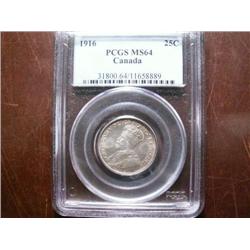 1916  25¢  PCGS MS64.  Very light toning over full satiny white lustre.  Fully struck!  Better date.