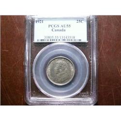 1921  25¢  PCGS AU55.  Light attractive toning over good underlying lustre.