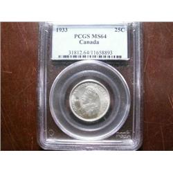 1933  25¢  PCGS MS64.  Brilliant with full blazing lustre. Hint of gold.  Very good "eye appeal".