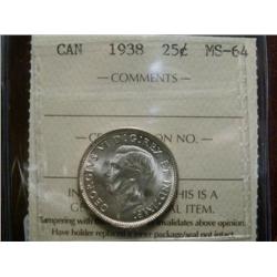 1938 25¢  ICCS MS64.  Light attractive toning over good underlying lustre.