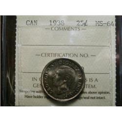 1938 25¢  ICCS MS64.  Brilliant and lustrous.