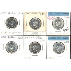 Lot of 6 Twenty-five Cents; 1941, 1944, 1946, 1947ML (2), 1949.  All coins are MS64 or better.