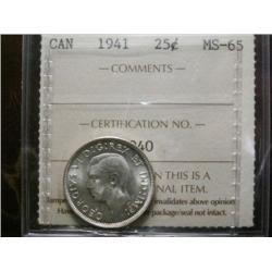 1941 25¢ ICCS MS65PQ+.  Fully struck with full white luster.  Exceptionally clean fields and surface