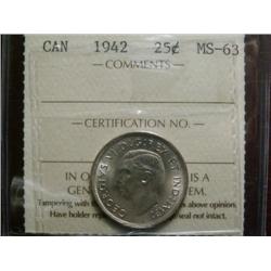 1942 25¢ ICCS MS63, brilliant and lustrous with light tone.