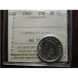 1945  25¢  ICCS MS65. Hint of golden toning with full lustre.  A real "GEM".