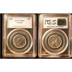 1946  25¢  PCGS MS66. Fully brilliant with amazing luster.  A rare coin in such high end condition.