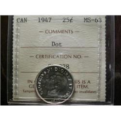 1947 "Dot"  25¢  ICCS MS63. Fully brilliant with amazing luster.  A popular coin in such condition.