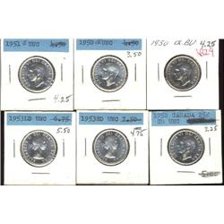 Lot of 6 Twenty-five Cents; 1950 (2), 1951, 1952, 1953SD, 1953LD.  All coins are MS63 or better.