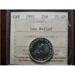 1951 "Low relief"  25¢  ICCS PL65. Fully brilliant with reflective surfaces.  A popular coin!