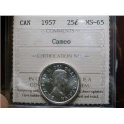 1957 25¢  ICCS MS65 Cameo.  White and brilliant.