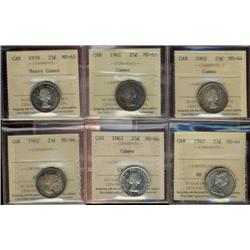 1959-1967 25¢, Lot of 6 coins all ICCS certified, includes 1959 MS63HC, 1962 MS63Cam, 1962 MS64Cam, 