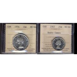 1963 MS64 Cameo 25¢, 1954 MS64 Cameo 50 Cents, both white and ICCS graded.