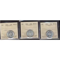 1964, 1965, 1966 25¢, all ICCS MS65.  Lot of three white coins.