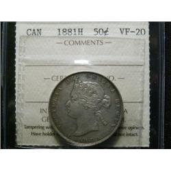 1881H  50¢  ICCS VF20.  Medium toning with  underlying lustre.