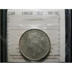 1881H  50¢  ICCS VF30.  Medium toning with  underlying lustre.