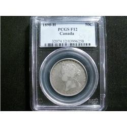 1890H 50¢ PCGS F12, A nice key date example with full date and light lustre.