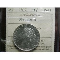 1892 Obv.4 50¢ ICCS F15, mostly brilliant.