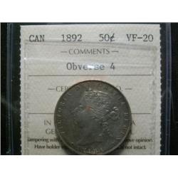 1892 50¢ Obv 4 ICCS VF20.  A nice problem free example.