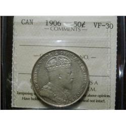 1906 50¢ ICCS VF30 PQ, fully lustrous example, nice for this grade.