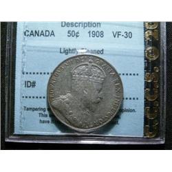 1908 50¢  CCCS VF30 lightly cleaned.  Lightly toned.
