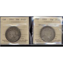 Lot of 2 ICCS graded Fifty cents; 1910 EL, 1914.  Both F15