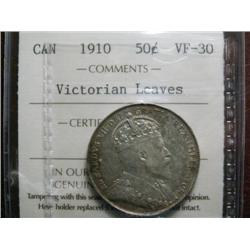 1910 Victorian leaves  50¢ ICCS VF30, lightly toned.  A popular variety.