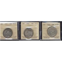 Lot of 3 ICCS graded Fifty cents;1911,1916, 1932.  All F12.
