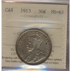 1913 50¢ ICCS MS62, attractively toned.  A very difficult date to find in mintstate condition.