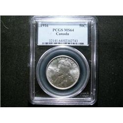 1916 50¢  PCGS MS64PQ. Brilliant with strong luster. A nice Geroge V example.
