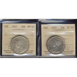 Lot of 2 ICCS graded Fifty cents; 1917, 1919.  Both EF40.