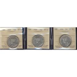Lot of 3 ICCS graded Fifty cents;1918, 1929, 1936.  All VF30.