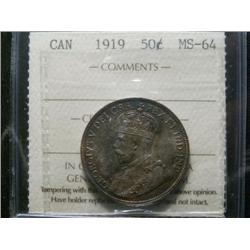 1919 50¢ ICCS MS64. Nice eye appeal. Spectacular example with almost flawless fields.