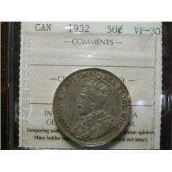 1932 50¢ ICCS VF30, a nice key date example with light brown tone.